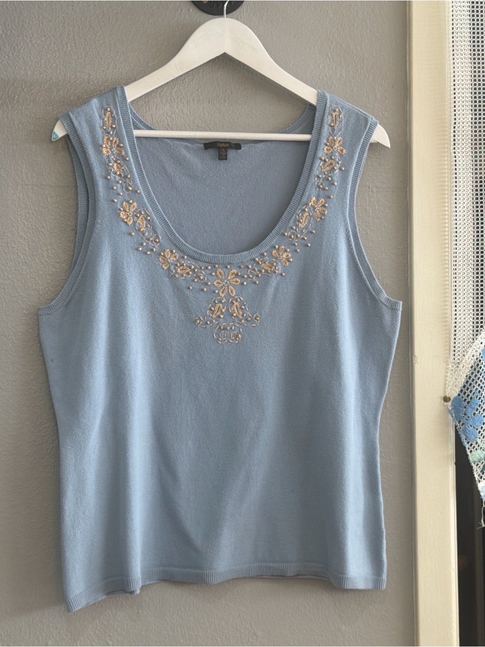 Reba Light Blue Scoop Neck Embellished Tank